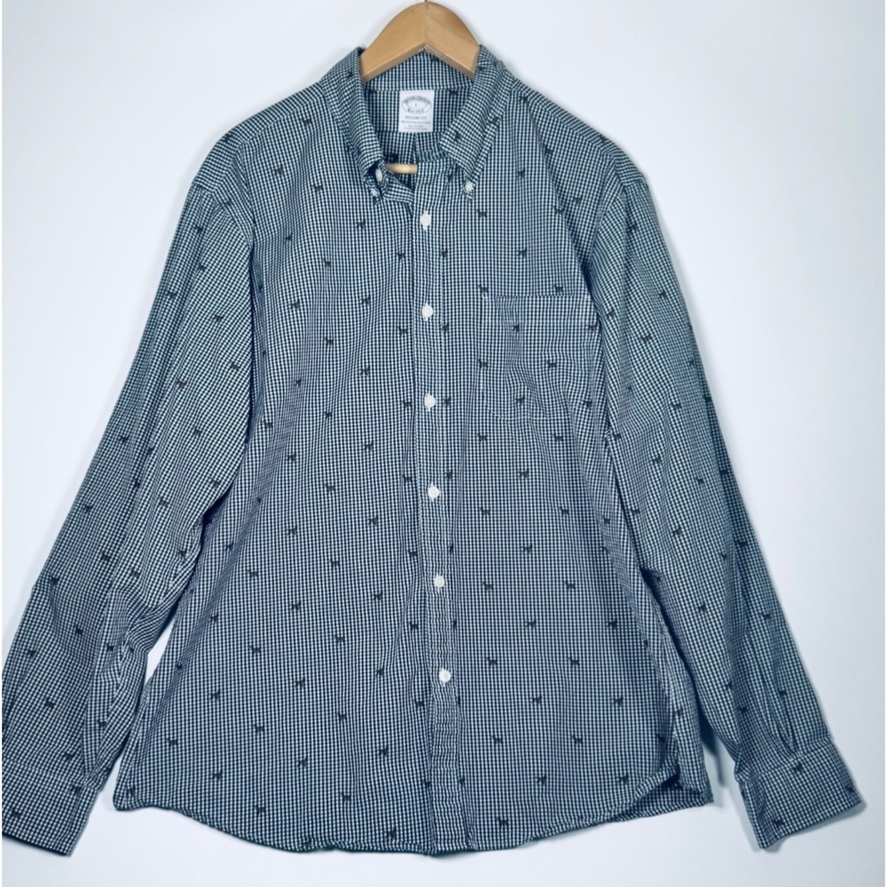 Brooks Brothers Button Down Shirt Men Large Black White Gingham Dog Print Preppy